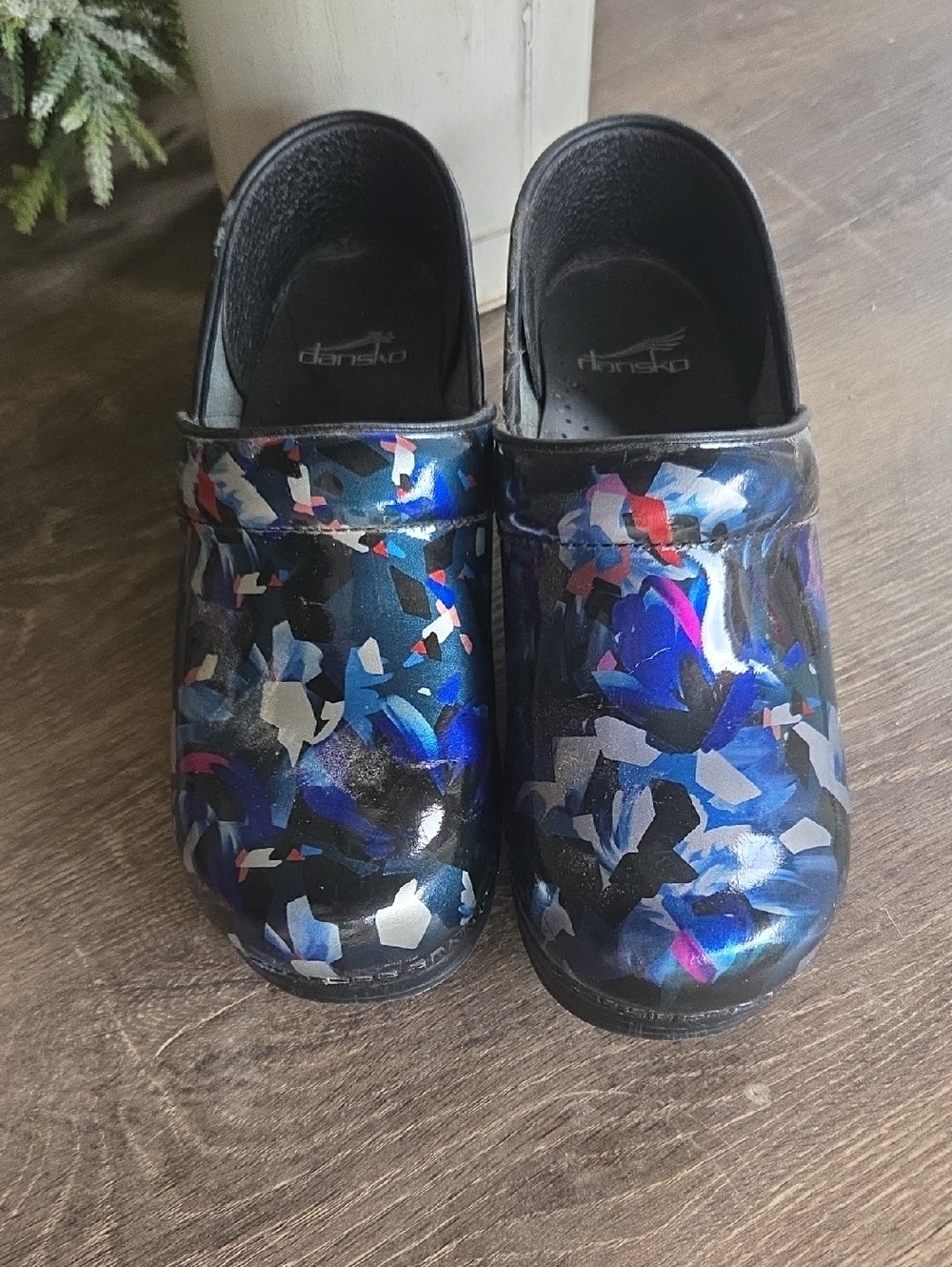 Dansko Black Clogs with Blue & Purple Floral Print